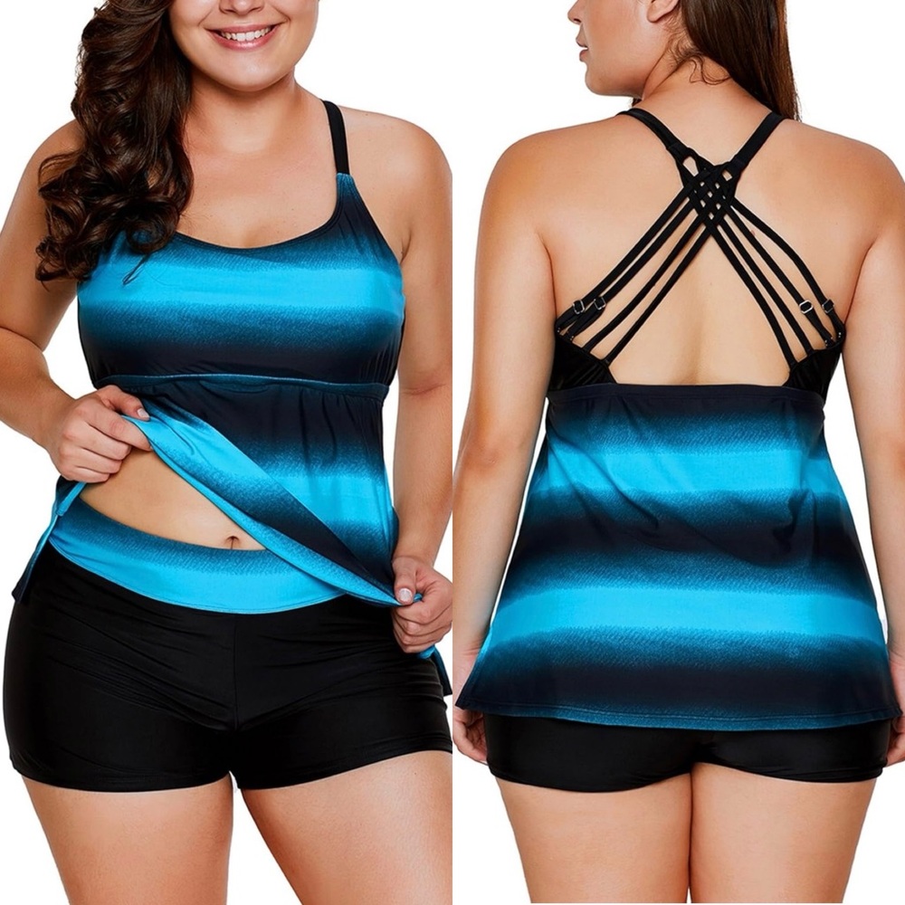 Plus Size Bathing Suits for Women Color Block Striped Tankini with Boyshorts 3X